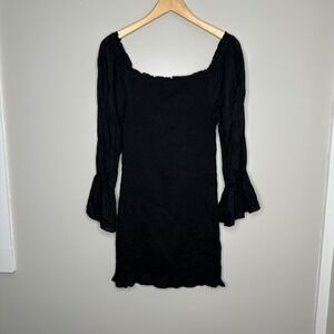 Cotton On Women's Black Mini Dress Long Sleeve Smocked Off‎ Shoulder Flounce M